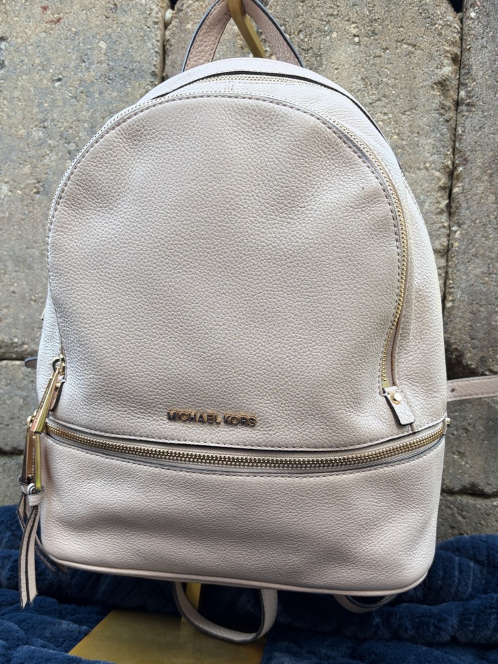 Michael Kors Pebbled Leather Mini Backpack in Light Taupe/ Blush color
